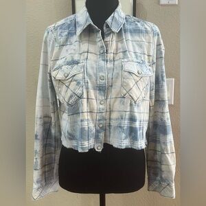 Chambray Plaid Women's Cropped upcycled reverse dyed and frayed by hand Shirt